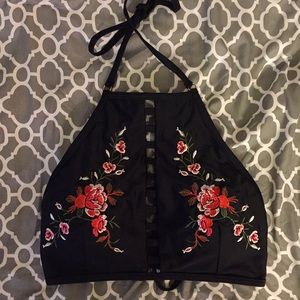 Zaful Black and Red Floral Embroidered Swim Top